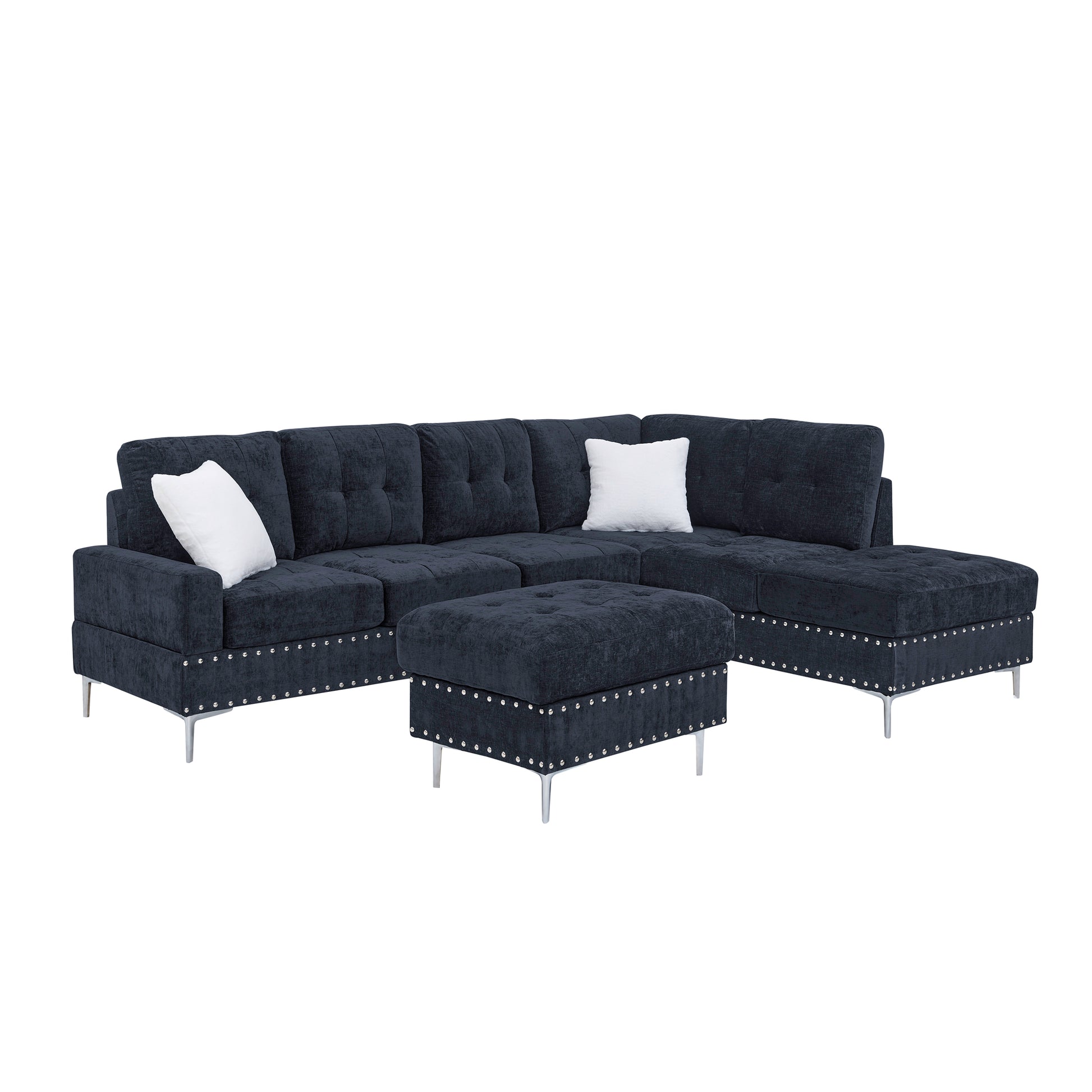 Sectional 3-Seaters Sofa with Chaise, Storage Ottoman, Metal Legs and Copper Nails,Two White Pillows,Navy Bule(102" x 76" x35") image 9