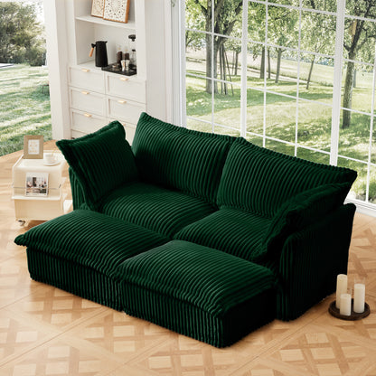 Slipcovered Sofa 2 Seater Sofa With 2 Ottomans, 2 Seater Sleeper Sofa Bed Home Theater Oversized Sofa For Living Room, Corduroy, Green image 1