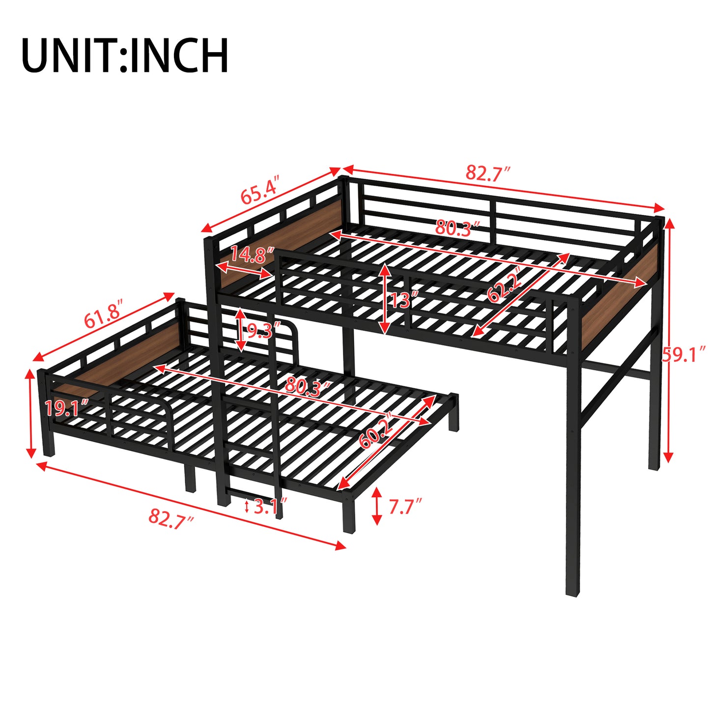 Queen over Queen Metal Bunk Bed/Metal Loft Bed,Separable Bunk Beds,with raised security fence,Walnut Color image 4
