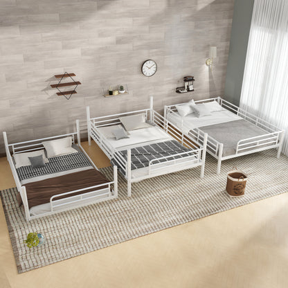 Full over Full over Full Bunk Bed, Metal Triple Bunk Bed with Safety Guardrails, Heavy-duty Bunk Bed with Noise-reduced Design, White image 5