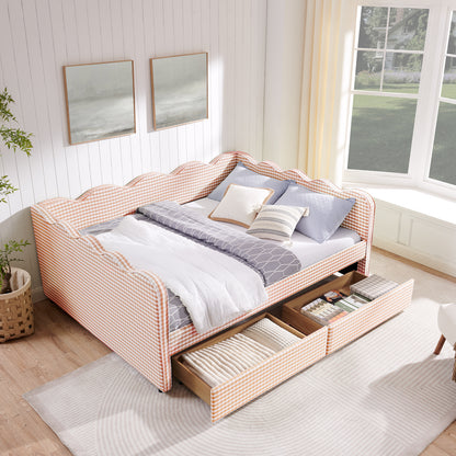 Queen Size Cozy Gingham Daybed with Two Storage Drawers, with USB Port and Adorable Wave Shaped, Linen Fabric image 5