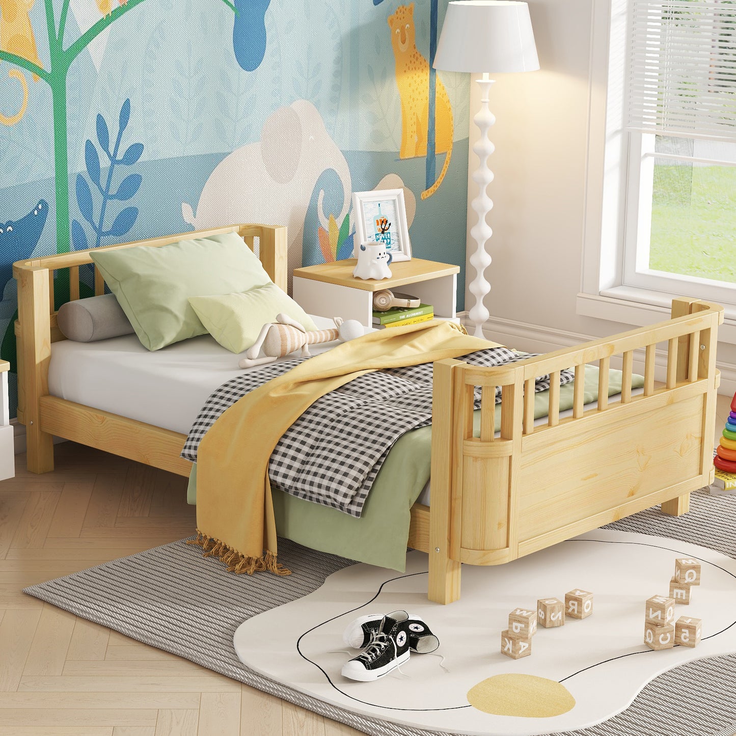 Twin Size Wood Platform Bed for Kids, Wood Low Profile Twin Bed with Rails for Girls and Boys, Natural (Patented Design, Expect Arrival Date 2026/5/11 Old SKU W2593P190150) image 2