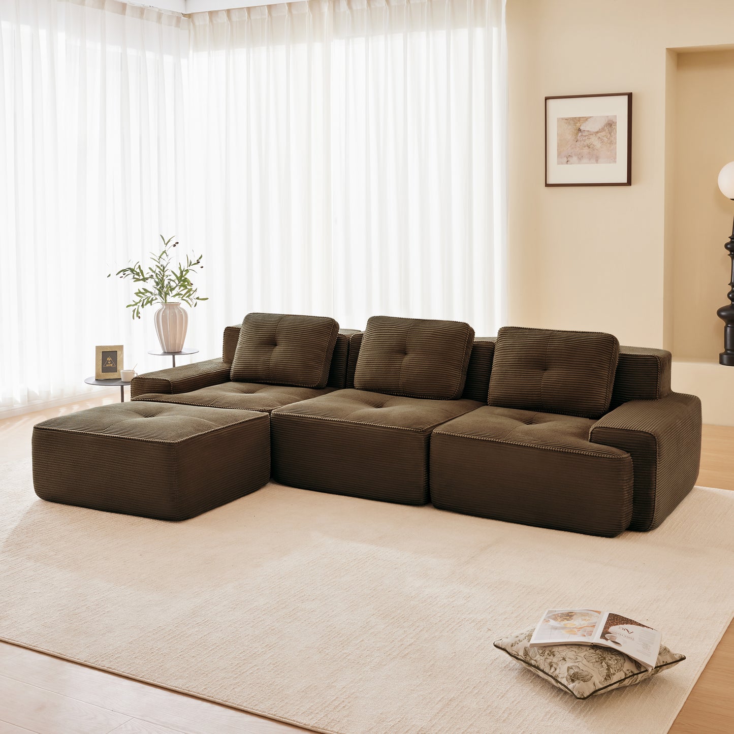 117" Modern L-Shaped Modular Sectional Sofa for Living Room, Corduroy Fabric,3-Seater Couch with Deep Seat and Movable Ottoman,Pearl-like piping, Tufted Design,No Assembly, Anti-slip Design​, Brown image 3
