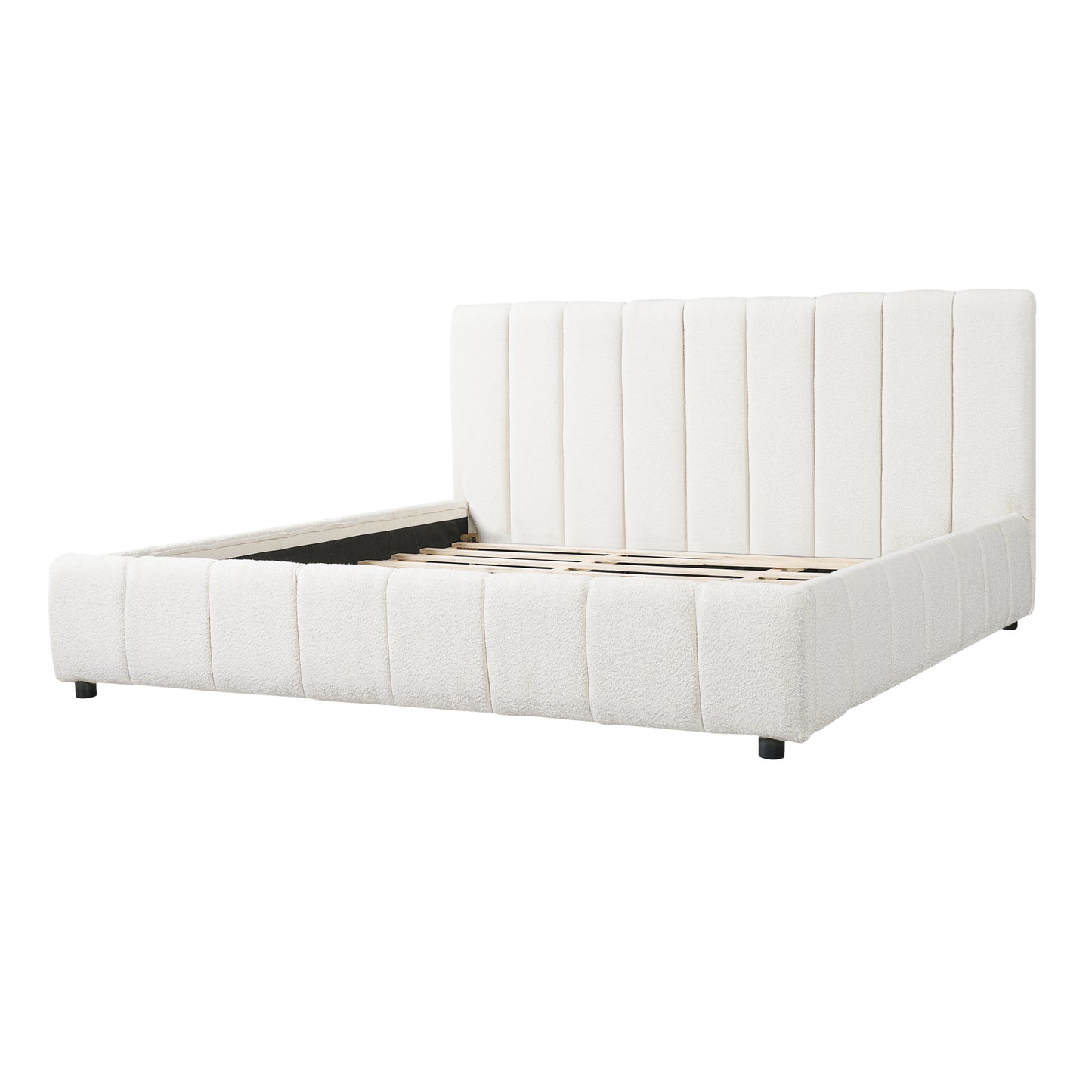 King Size Upholstered Bed Frame With Boucle Fabric And Thick Headboard, Off white image 6