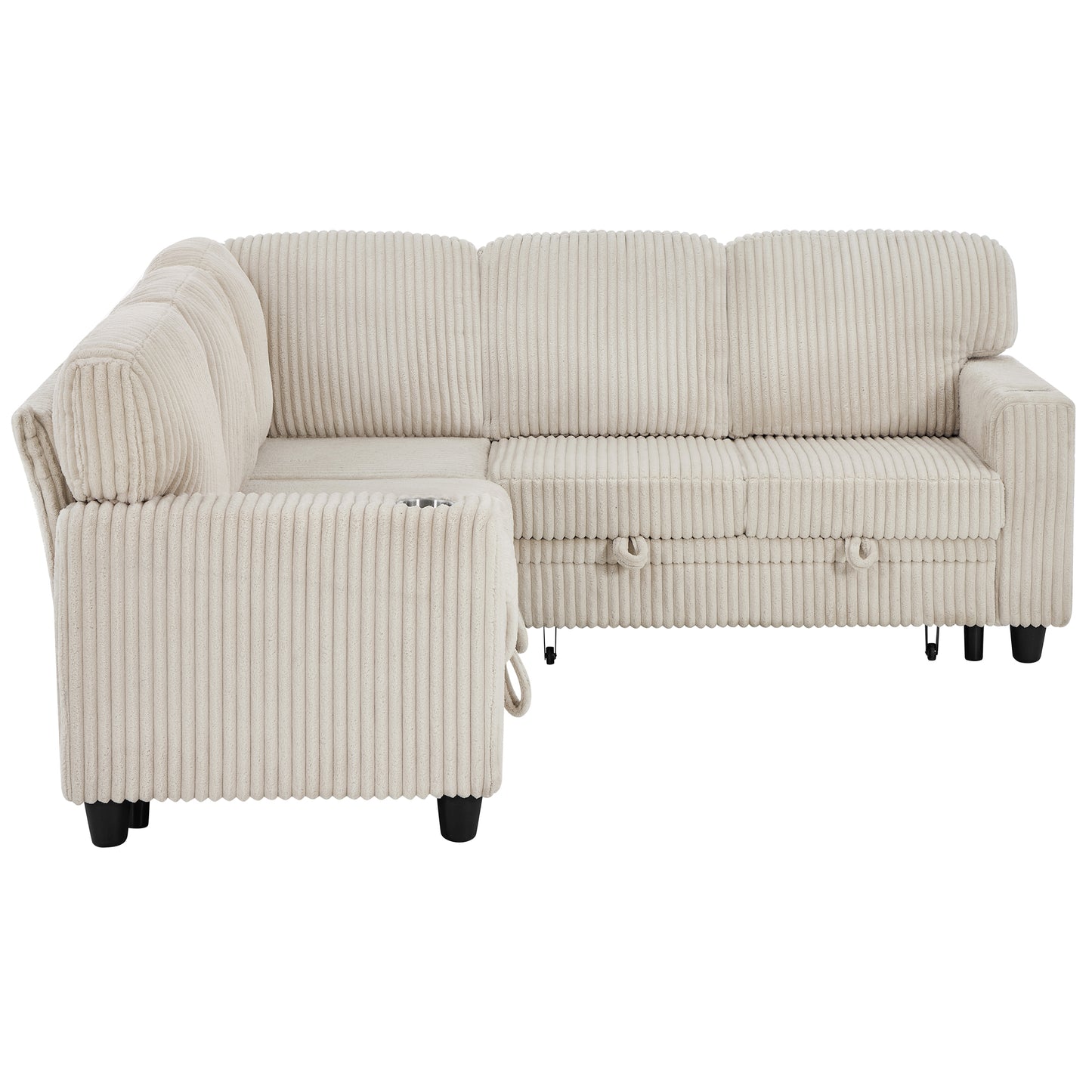 L-Shaped Sectional Sofa Bed with Pull-Out Bed & Storage, 5-Seat Sleeper Couch with USB Charging, Convertible Design for Living Room, Apartment, Corduroy Fabric, Beige image 11
