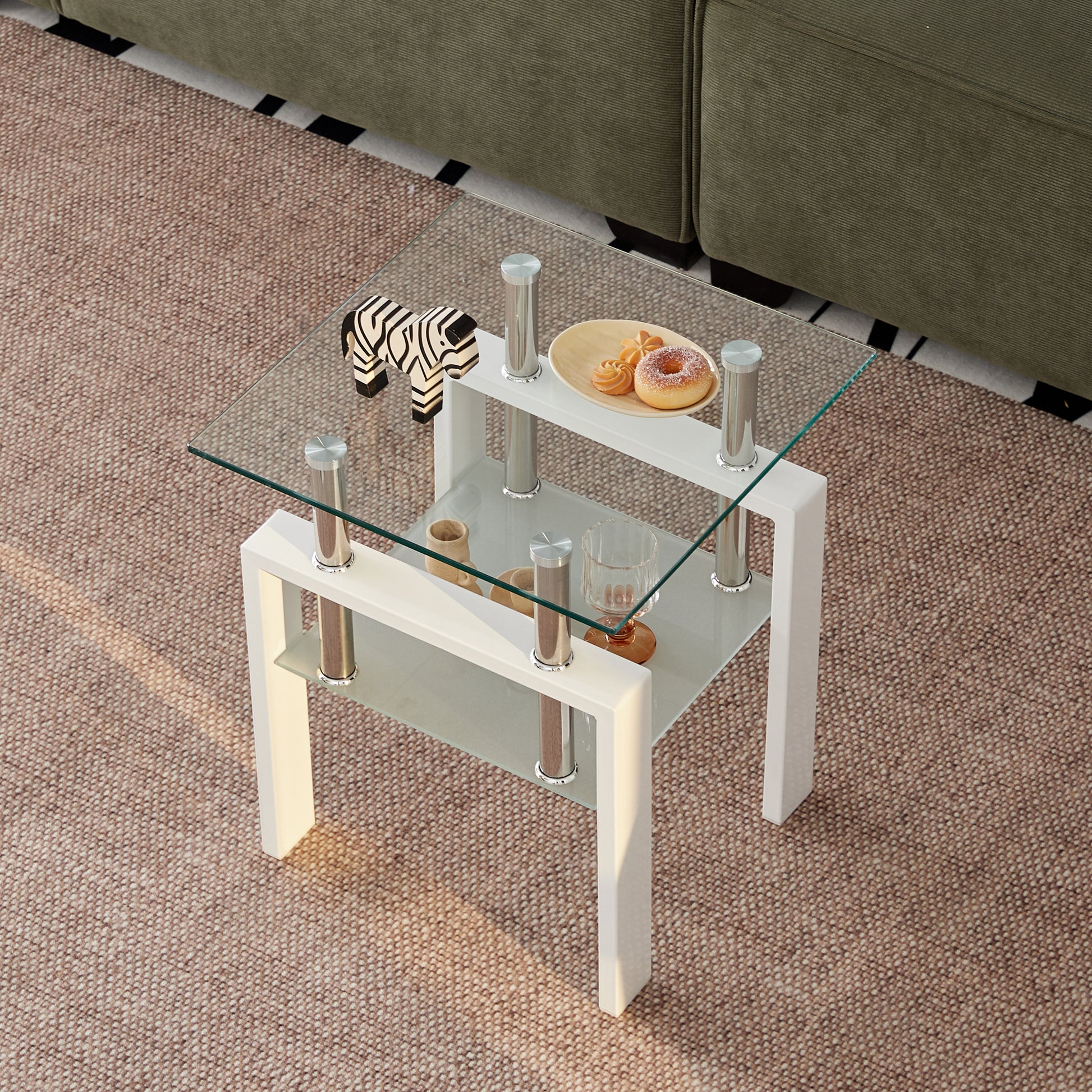 2 pieces White Tempered Clear Glass End Table, 2-Layers Small Table with Storage, Living Room Side Table image 2