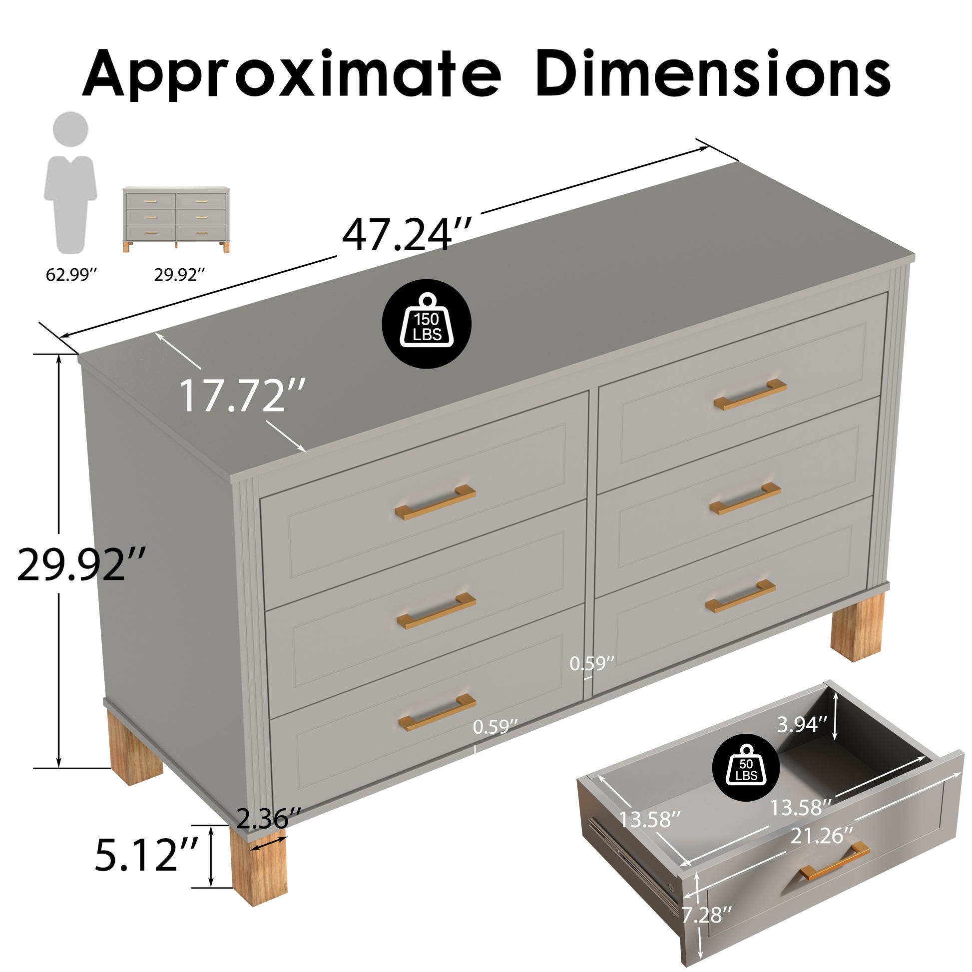 6-Drawer Double Dresser in Gray, Modern Storage Cabinet with Metal Handles & Solid Wood Legs, Dresser Drawer Organizer for Kids Bedroom, Heavy-Duty Wooden Dresser with Pre-Installed image 7