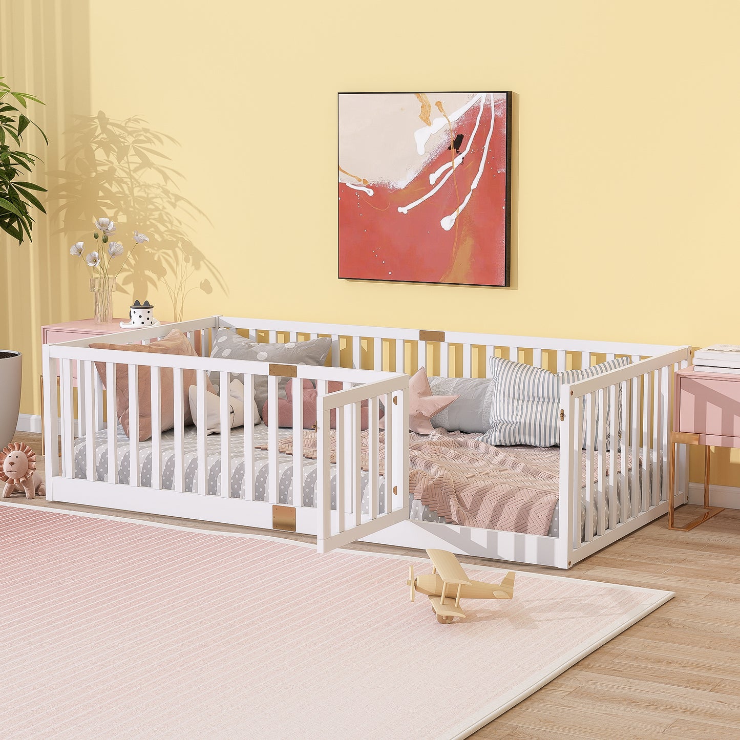 Twin Size Floor Bed with High Fence Railings, with Door, Rubber Wood Floor Bed with Safety Guardrails,White (Old Sku W504P287652) image 3