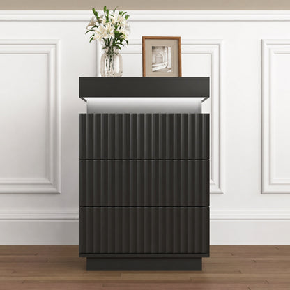 (Set of 2) Black Nightstand Set of 2 with Charging Station & LED Lights, Fluted Wave Panel Bedside Table with Sliding Top Hidden Storage, Night Stand for Bedroom Living Room image 9