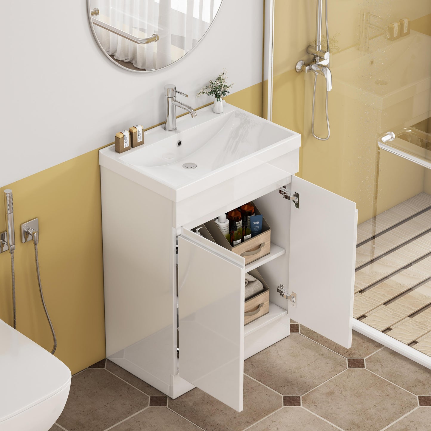 24-Inch Bathroom Vanity With Sink Combo, 2 Doors Bathroom Cabinet, With Shelf,Handle Free Design,Unique Thick-Edged Ceramic Basin,Soft Close System Hinge,Easy Assemble,Glossy White image 6