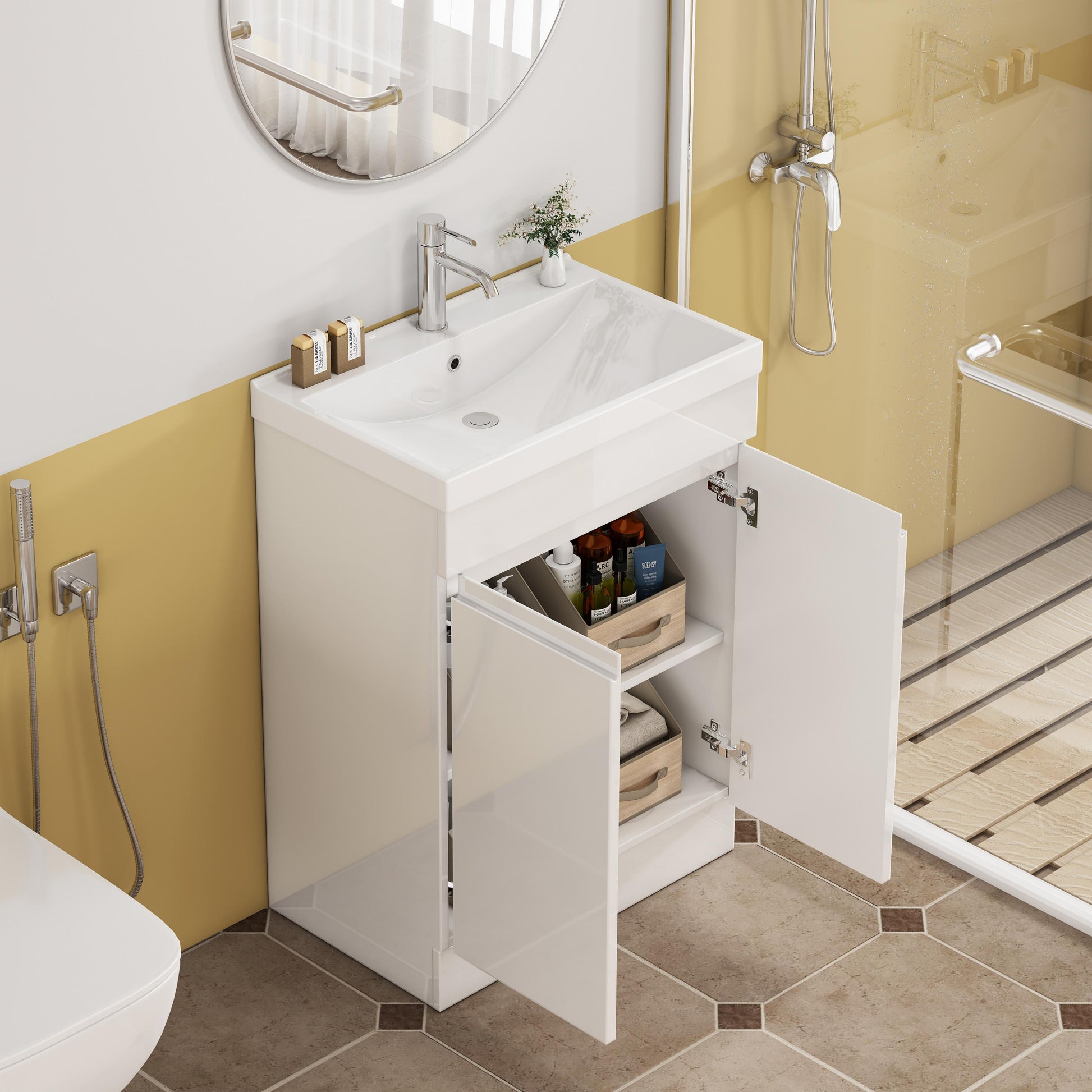 24-Inch Bathroom Vanity With Sink Combo, 2 Doors Bathroom Cabinet, With Shelf,Handle Free Design,Unique Thick-Edged Ceramic Basin,Soft Close System Hinge,Easy Assemble,Glossy White image 6