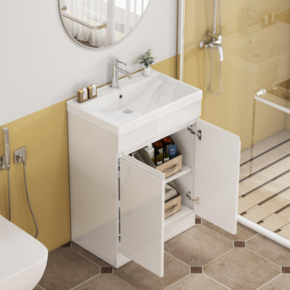 24-Inch Bathroom Vanity With Sink Combo, 2 Doors Bathroom Cabinet, With Shelf,Handle Free Design,Unique Thick-Edged Ceramic Basin,Soft Close System Hinge,Easy Assemble,Glossy White image 6