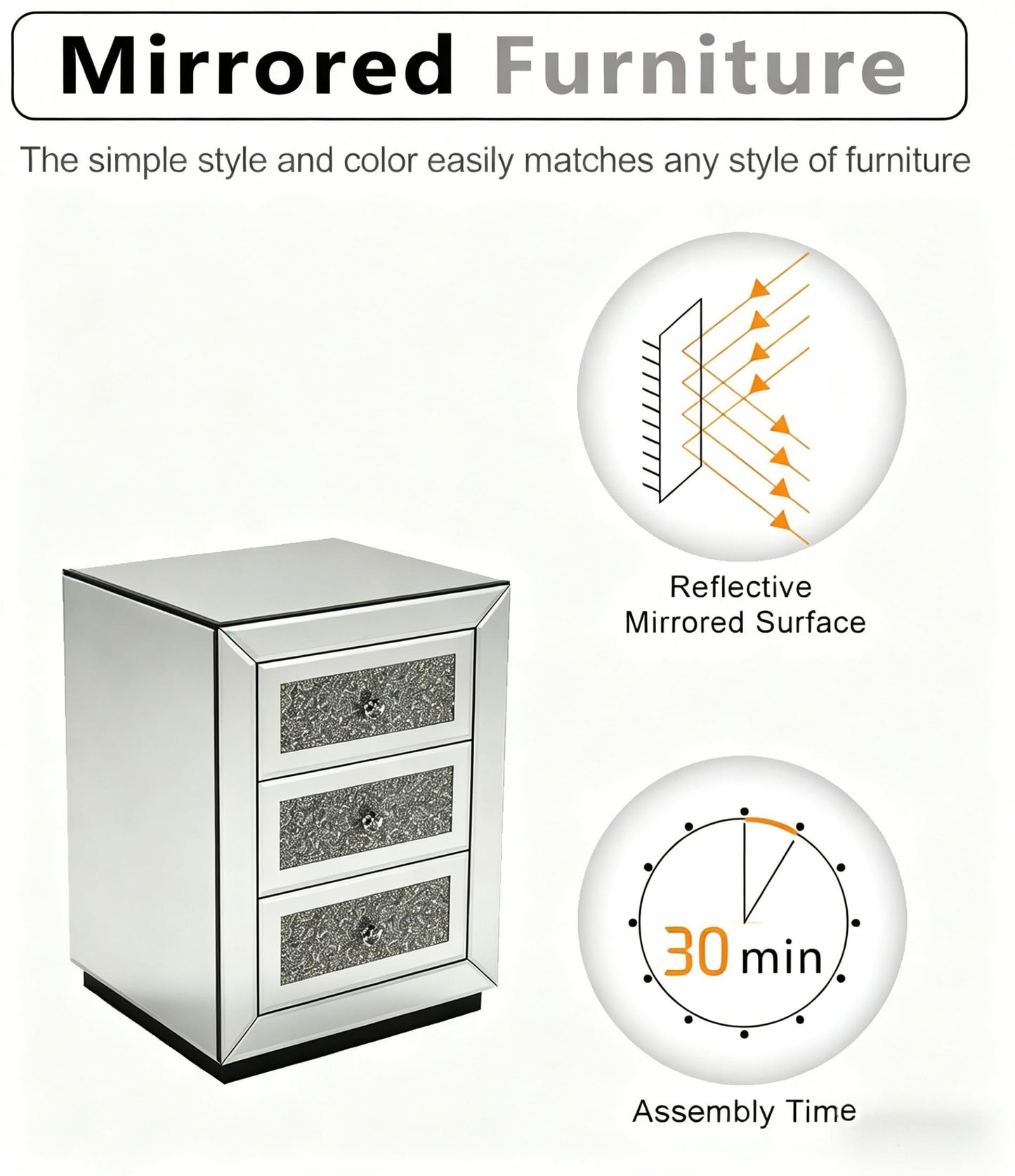 Mirrored Nightstand 3 Drawer, Silver Mirror Finish Bedroom Side Table with Crystal Handles for Living Room, Apartment, Office. Silver. image 7