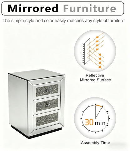 Mirrored Nightstand 3 Drawer, Silver Mirror Finish Bedroom Side Table with Crystal Handles for Living Room, Apartment, Office. Silver. image 7
