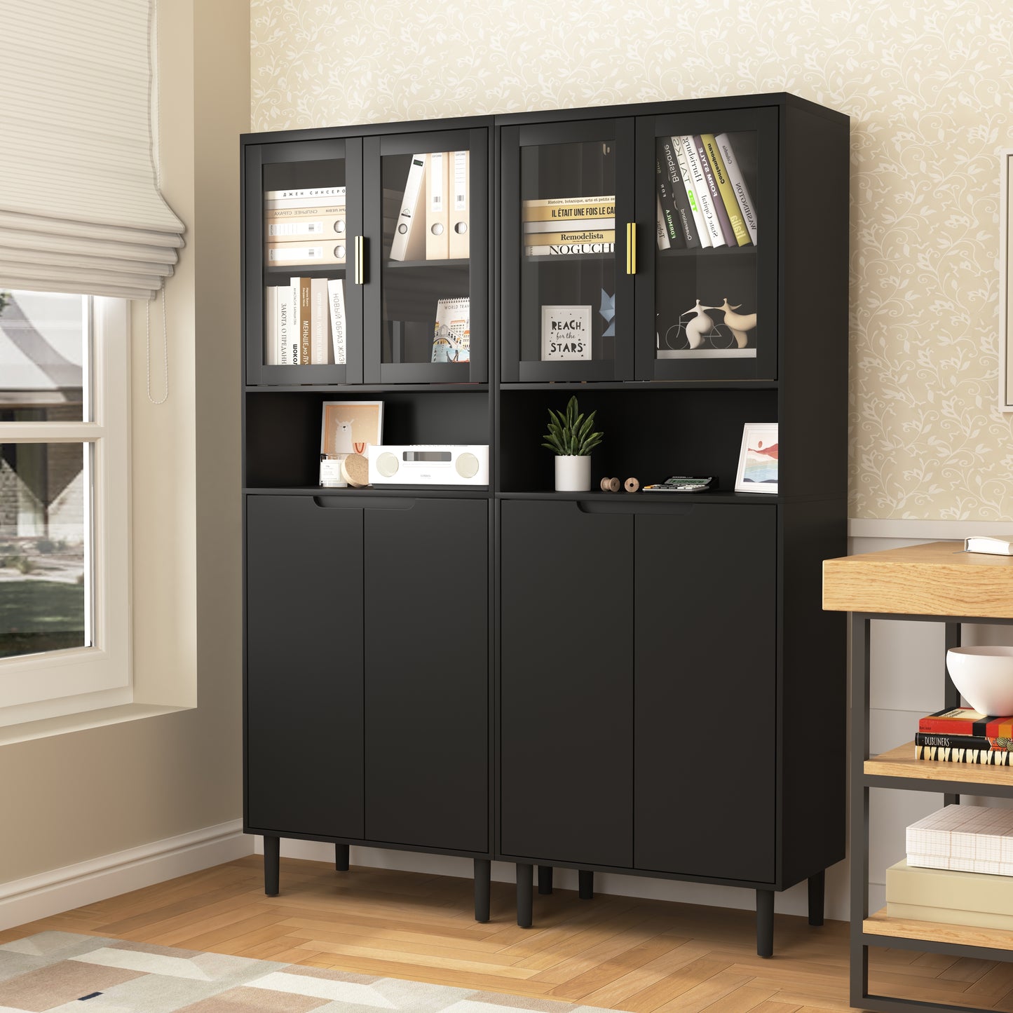 Tempered Glass Door Tall Storage Bookcase with adjustable board, 4 doors MDF painting finished cabinet, Black, Living room Bedroom storage image 6