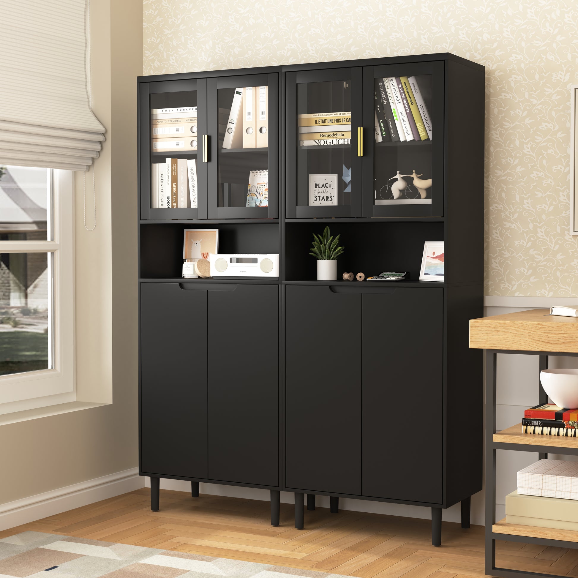 Tempered Glass Door Tall Storage Bookcase with adjustable board, 4 doors MDF painting finished cabinet, Black, Living room Bedroom storage image 6