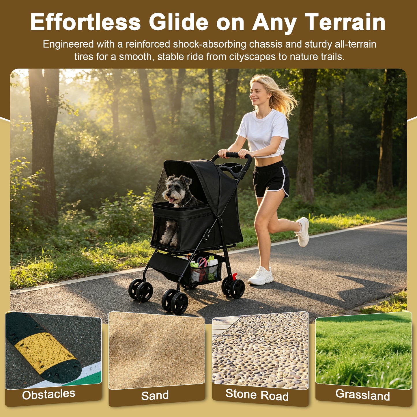 Foldable Pet Stroller for Small Dogs and Cats Under 28 lbs with Multi-Functional Tray, 2 Safety Leashes, Storage Basket & Breathable Mesh, 4 Wheels Pet Stroller, Black image 5