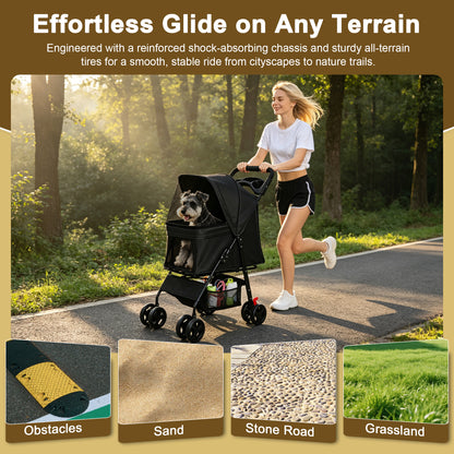 Foldable Pet Stroller for Small Dogs and Cats Under 28 lbs with Multi-Functional Tray, 2 Safety Leashes, Storage Basket & Breathable Mesh, 4 Wheels Pet Stroller, Black image 5