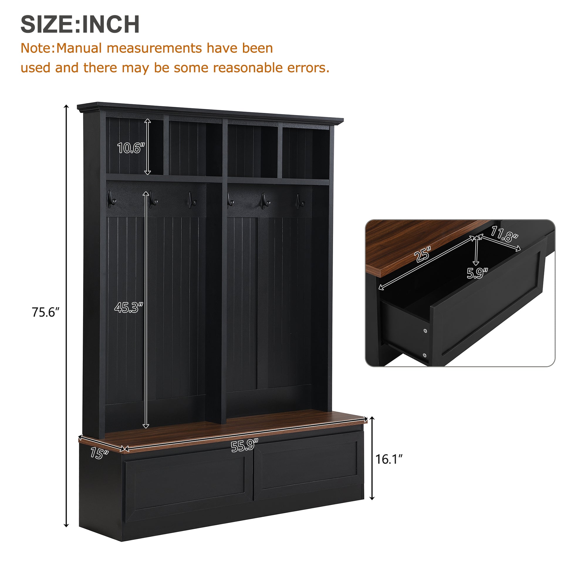 Farmhouse 4-in-1 Hall Tree with Wood Grain Bench, Mudroom Versatile Coat Rack with 2 Large Drawer, Entrance Organizer for Hallway, Living Room, Black, 55.9"W (OLD SKU: N721P313099B) image 8