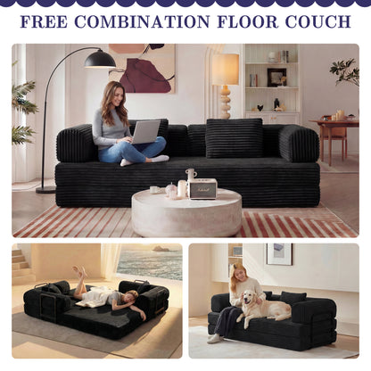 Compression Sofa,Convertible Floor Sofa Bed-with Pillow Back Support Armrest,Comfy Futon Couch Sleeper Bed,Loveseats Boneless Modular Sectional Sofa,Corduroy fabric,for Living Room,Bedroom,Black image 2