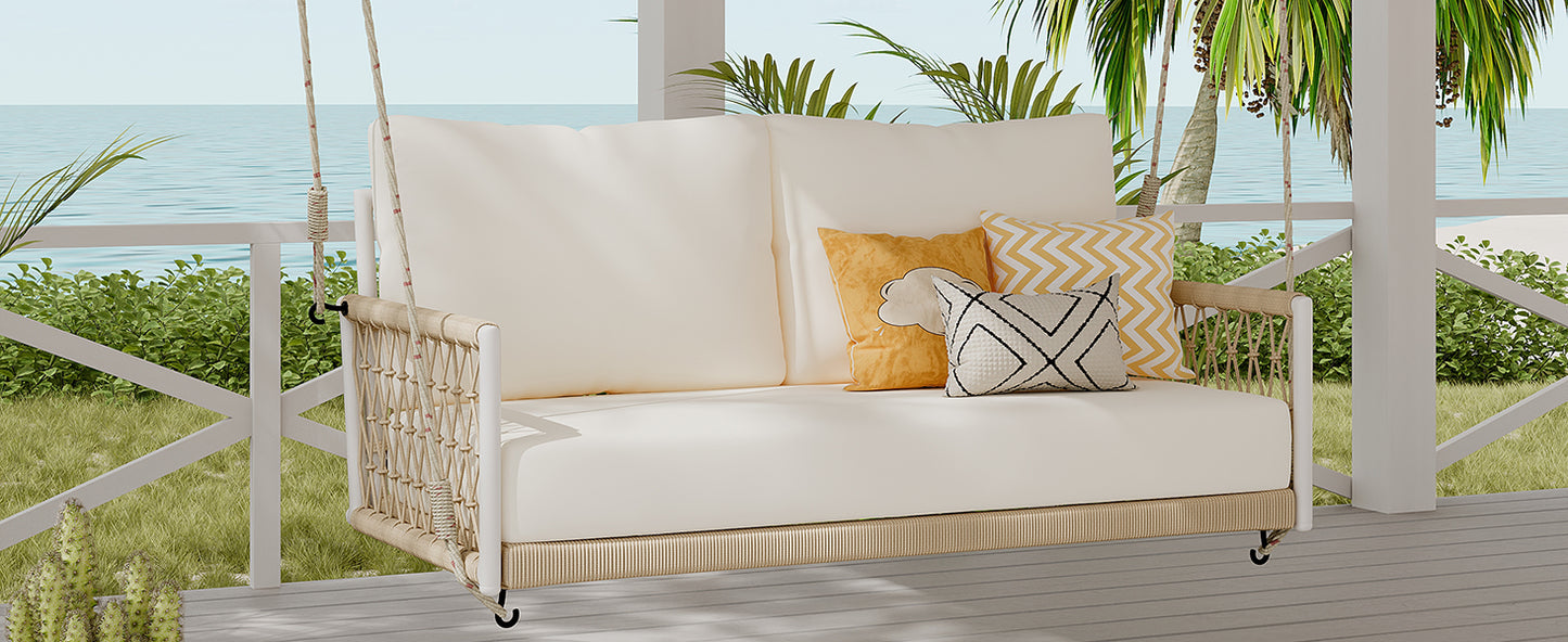 TREXM 1-Piece Woven Rope Outdoor Swing Sofa with Soft Cushions Seating 2 for Patio, Courtyard and Balcony (Beige) image 3