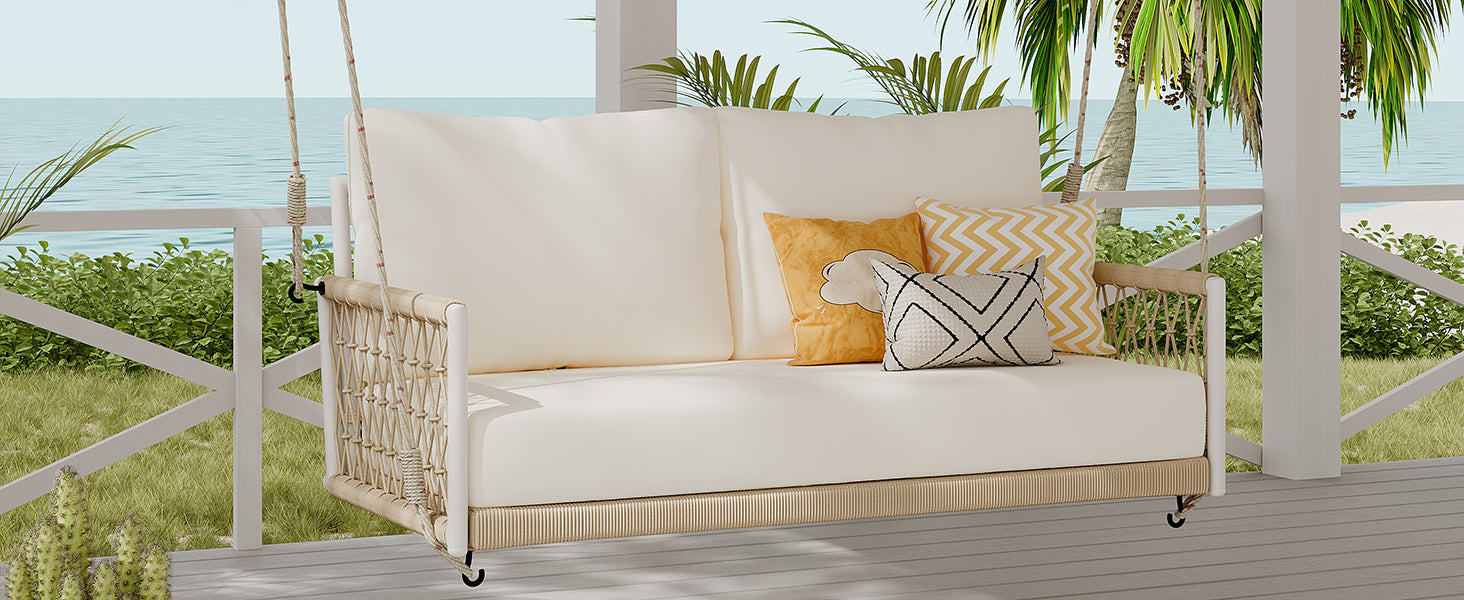 TREXM 1-Piece Woven Rope Outdoor Swing Sofa with Soft Cushions Seating 2 for Patio, Courtyard and Balcony (Beige) image 3