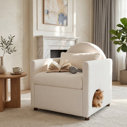 Beige Pet Friendly Accent Chair with Hidden Pet Nook, Acacia Wood Legs, 220lbs Weight Capacity, Modern Upholstered Armchair for Living Room image 3