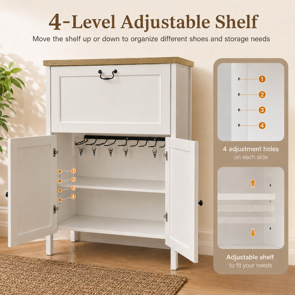 Shoe Cabinet with Flip Drawer, Boot Rack and 6 Boot Clips, Narrow Entryway Shoe Cabinet with Adjustable Shelf, Freestanding Shoe Organizer Cabinet for Entryway, Foyer, 31.5"W x 15.7"D x 45.3"H-White image 6