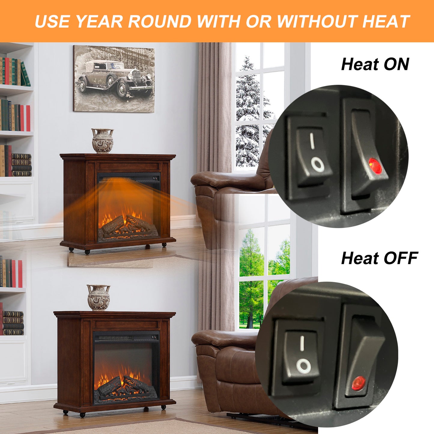 23 inch electric fireplace insert heater with log set & realistic flame, overheating protection without control image 8