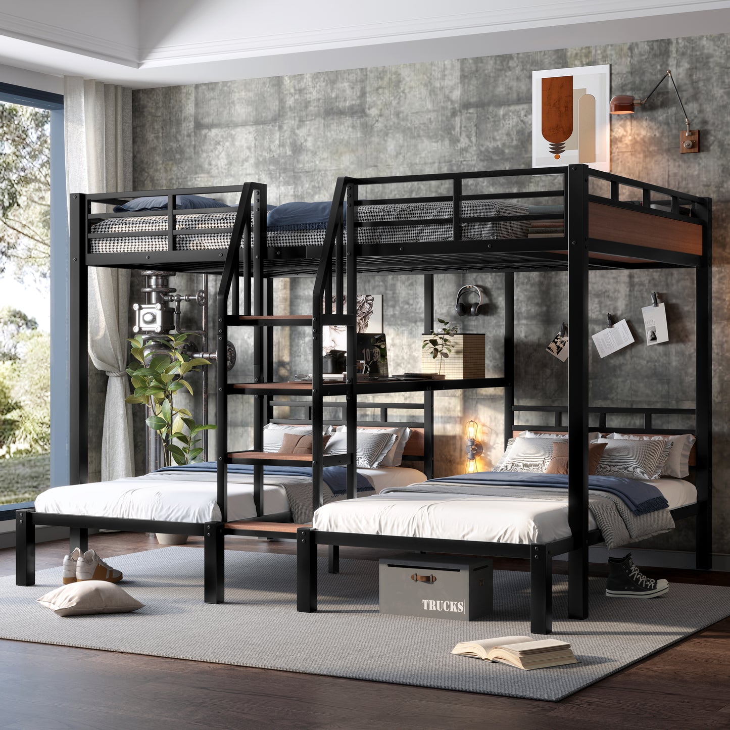 Queen over Twin over Twin Metal Bunk Bed,triple metal bunk bed with Storage shelves and storage stairs,Black image 3