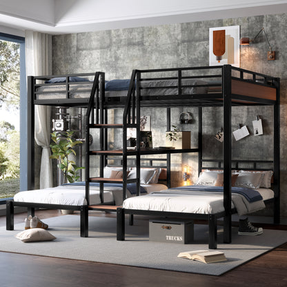 Queen over Twin over Twin Metal Bunk Bed,triple metal bunk bed with Storage shelves and storage stairs,Black image 3