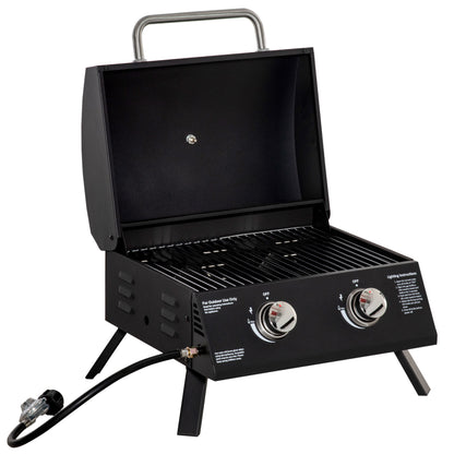 Outsunny 2 Burner Propane Gas Grill Outdoor Portable Tabletop BBQ with Foldable Legs, Lid, Thermometer for Camping, Picnic, Backyard, Black image 1
