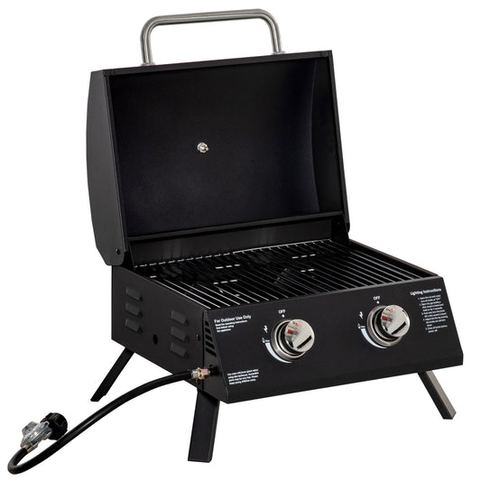 Outsunny 2 Burner Propane Gas Grill Outdoor Portable Tabletop BBQ with Foldable Legs, Lid, Thermometer for Camping, Picnic, Backyard, Black image 1