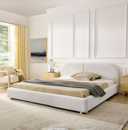 Queen Size Upholstered Bed Frame, Modern Minimalist Style with Tall Curved Headboard, Premium Circle Yarn Fabric & Sturdy Leg Support, Mattress Not Included-Beige image 1