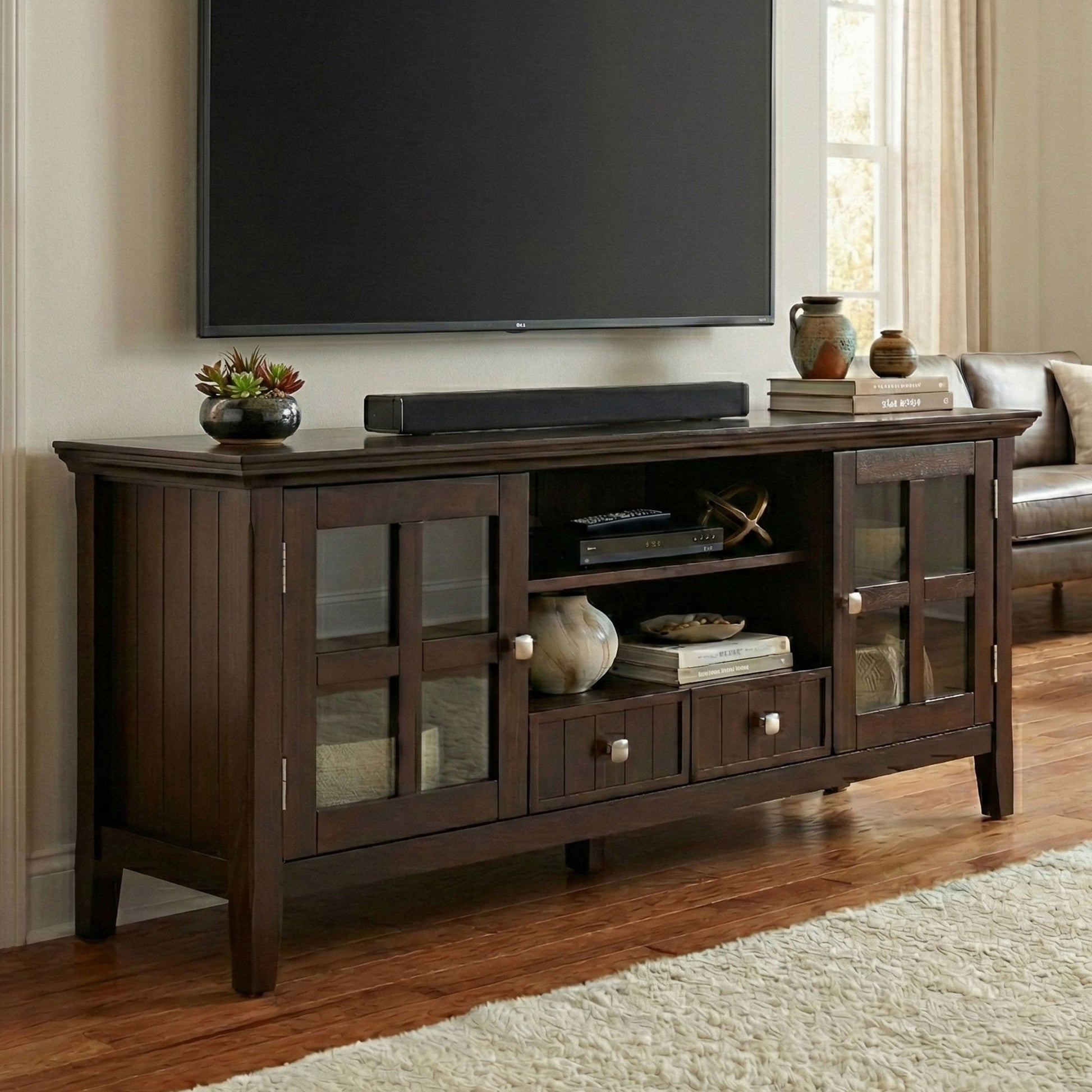 Acadian 60 inch Wide Solid Wood TV Stand in Brunette Brown For TVs up to 65 inches image 1