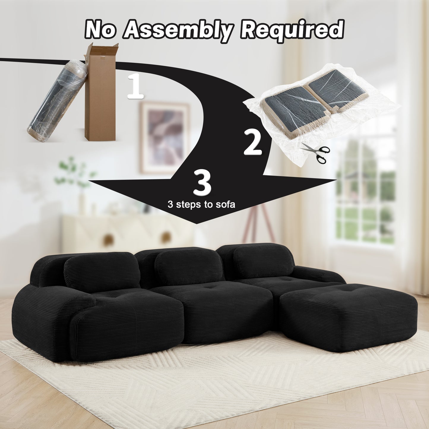L-shaped modular sofa no assembly ergonomic design pet-friendly luxuryCorduroy Fabric fabric extra-wide curved armrests 32D high-resilience sponge for living rooms bedroom,Black image 11