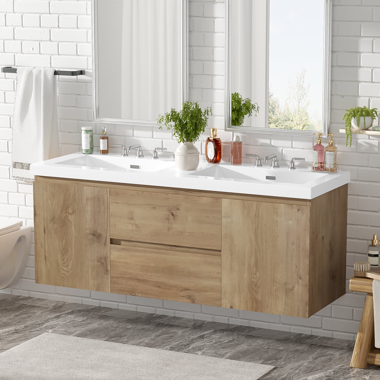 [Video]59.3 Inch Double Sink Bathroom Vanity with SMC Top, MDF Cabinet, Soft Close Doors, Divided Drawers, Wall-Mounted Modern Storage Vanity for Large Bathrooms image 3