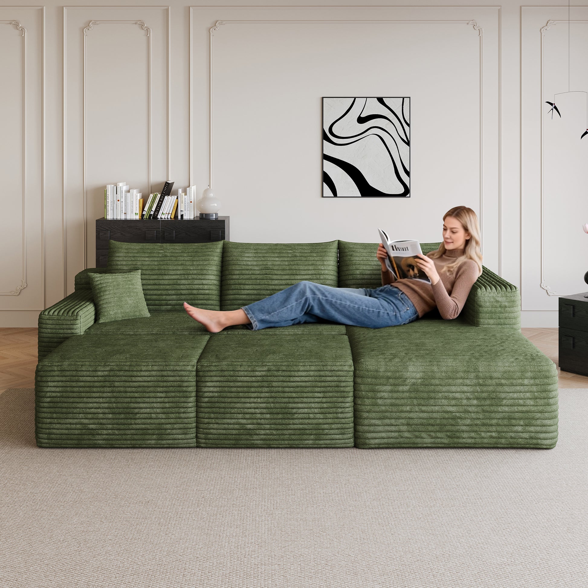 95" Cloud Sectional Sofa with 2 Ottoman,Modern Minimalist Upholstered Couches, Comfort U Shaped Sofa for Living Room,Deep Seat Corner Couch,No Assembly Required,Green(Plush Corduroy Fabric) image 3