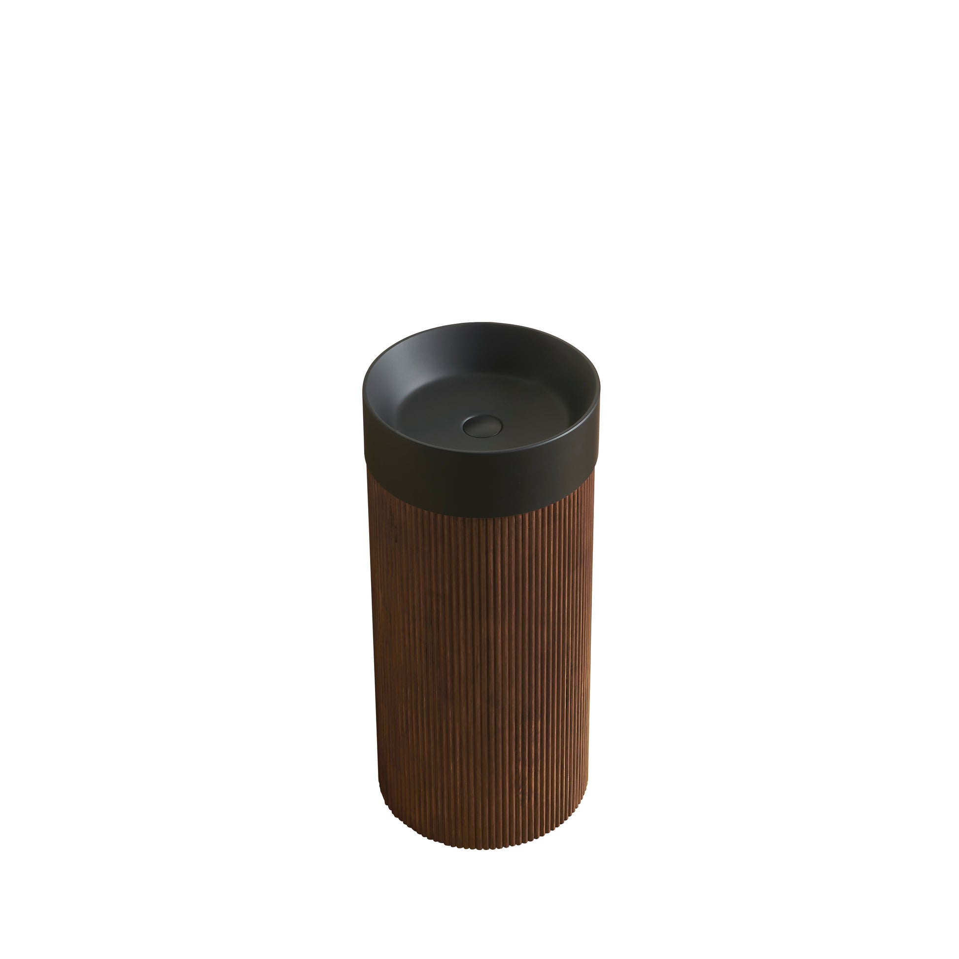 JINBO 16" Freestanding Cylindrical Cabinet,Black Round Solid Surface Basin without Faucet Hole, NO Sink Cover, NO Faucet and Drain Set, Walnut Woodgrain Color image 4