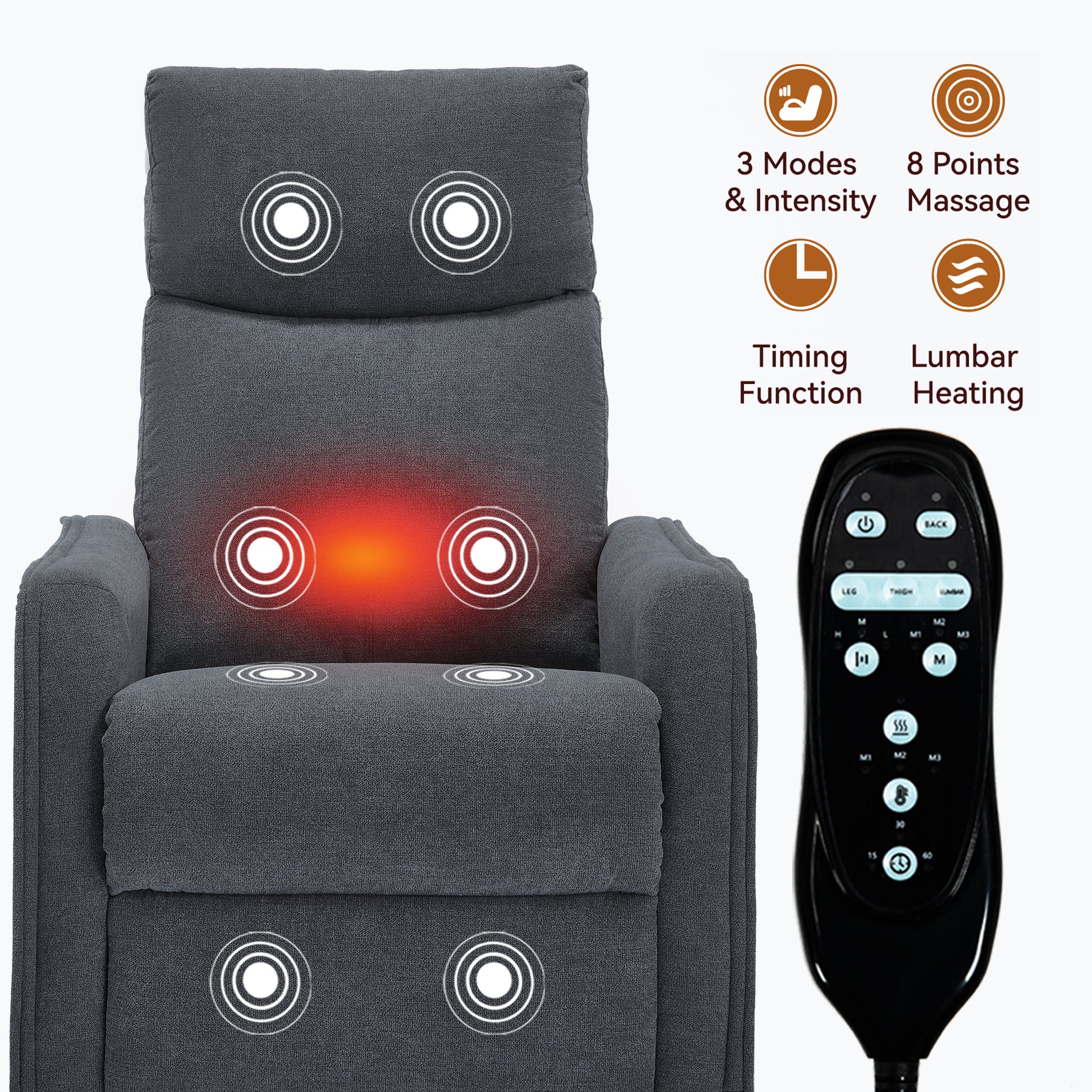 Heat Massage Manual Recliner Chair with Rocker and Swivel in Fabric for Living Room, Grey image 9