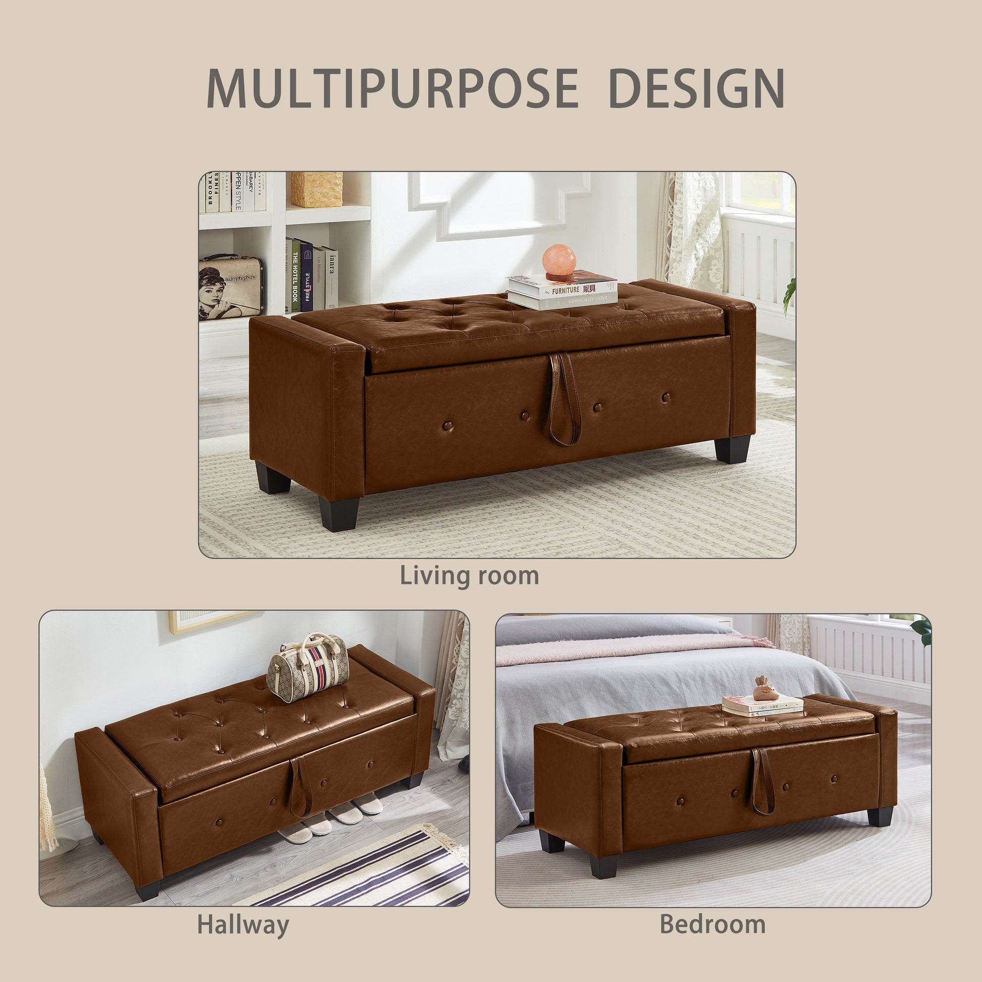48" Ottoman Bench with Storage, Bench for Bedroom,Living Room,Hallway, Upholstered Tufted Faux Leather PU Ottoman Brown image 6