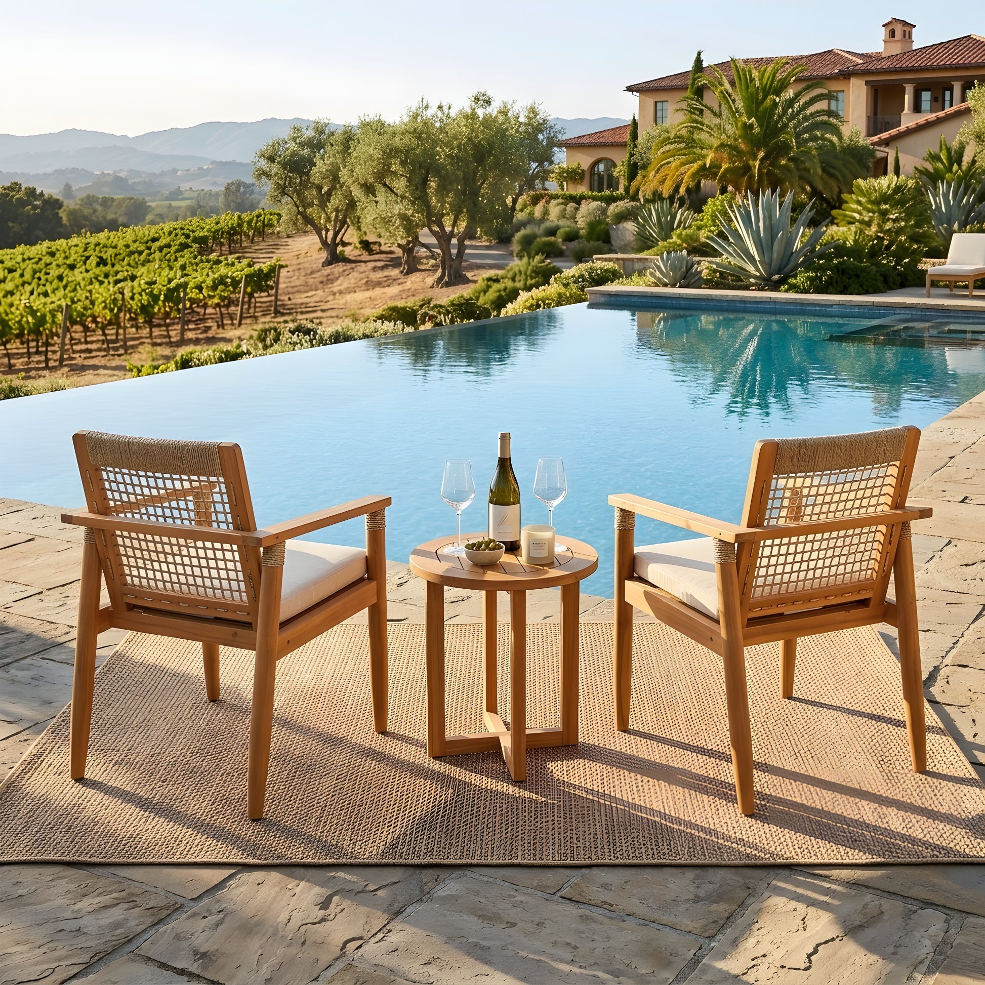 Outdoor Dining Chairs Set of 2, Acacia Wood Patio Armchair with Multi Brown Rope Design Back and Arms and Beige Washable Cushion,for Backyard, Poolside, Garden,Light teak image 5