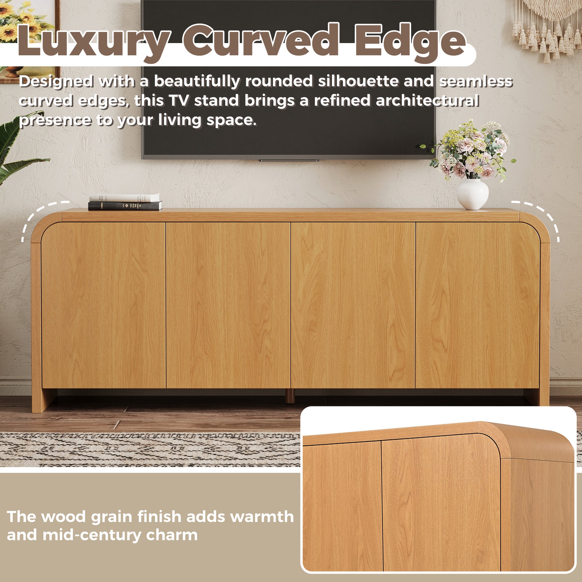 Farmhouse Curved Edge TV Stand with Large Cabinets for TVs up to 70", Minimalist Wood Grain Media Console with Cable Management, Mid Century TV Cabinet with Adjustable Shelves for Living Room, Natural image 3