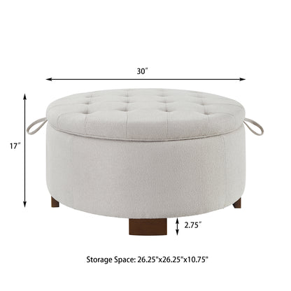 Round Storage Ottoman with Reversible Lid - Boucle Fabric Upholstered Footstool, Hidden Storage Compartment, Wooden Legs, Dual-Purpose Seat & Side Table for Living Room, Bedroom - BEIGE image 10