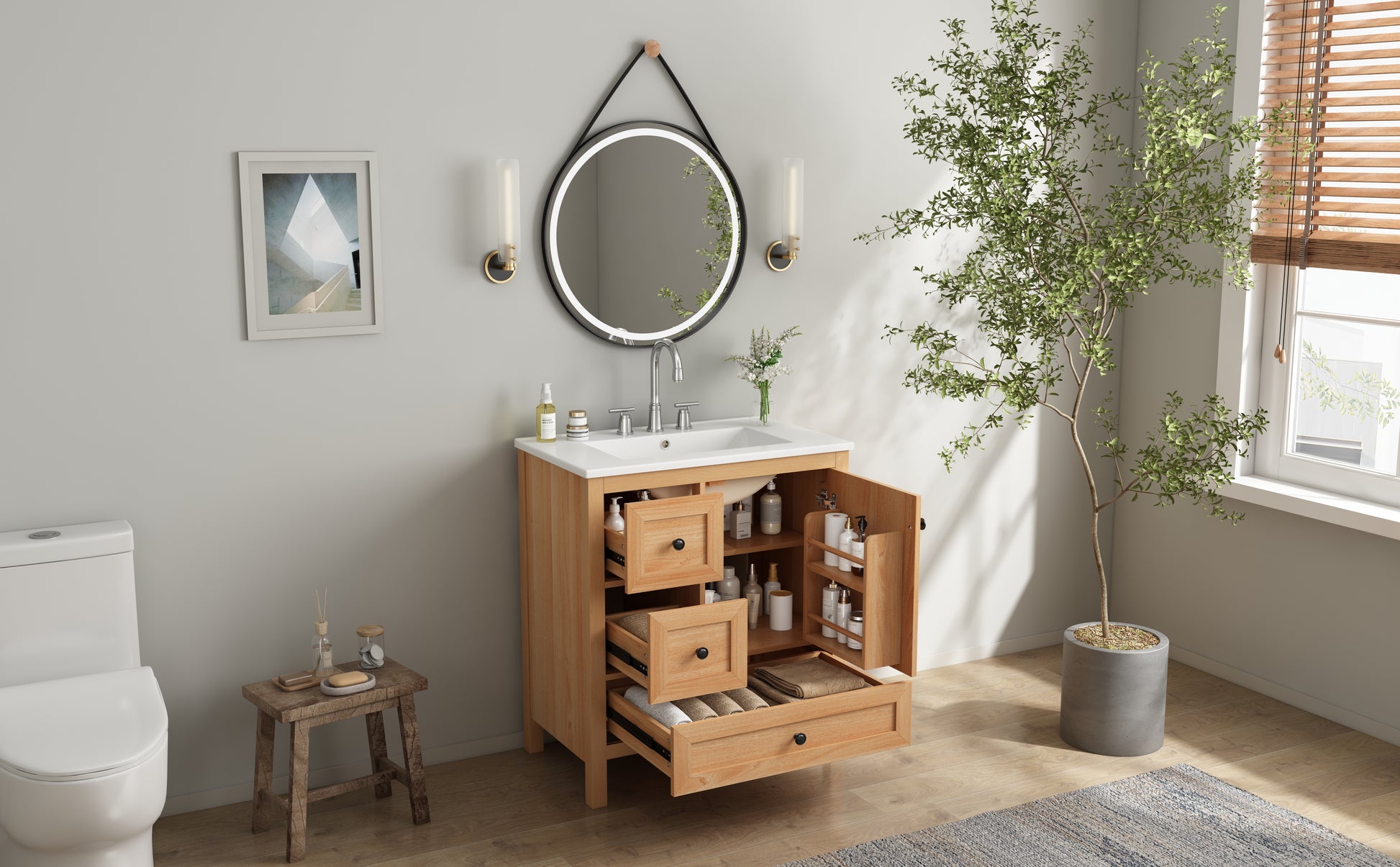 [Video] 30" Wood Grain Bathroom Vanity with Ceramic Sink, Solid Wood Legs, Adjustable Shelf & Full Soft-Close Drawers & Door, Storage Rack, Open Back Design image 2