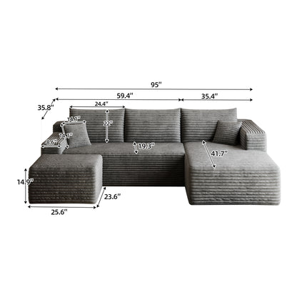 95" Cloud Sectional Sofa with 1 Ottoman,Modern Minimalist Upholstered Couches, Comfort U Shaped Sofa for Living Room,Deep Seat Corner Couch,No Assembly Required,Dark Grey((Plush Corduroy Fabric) image 9