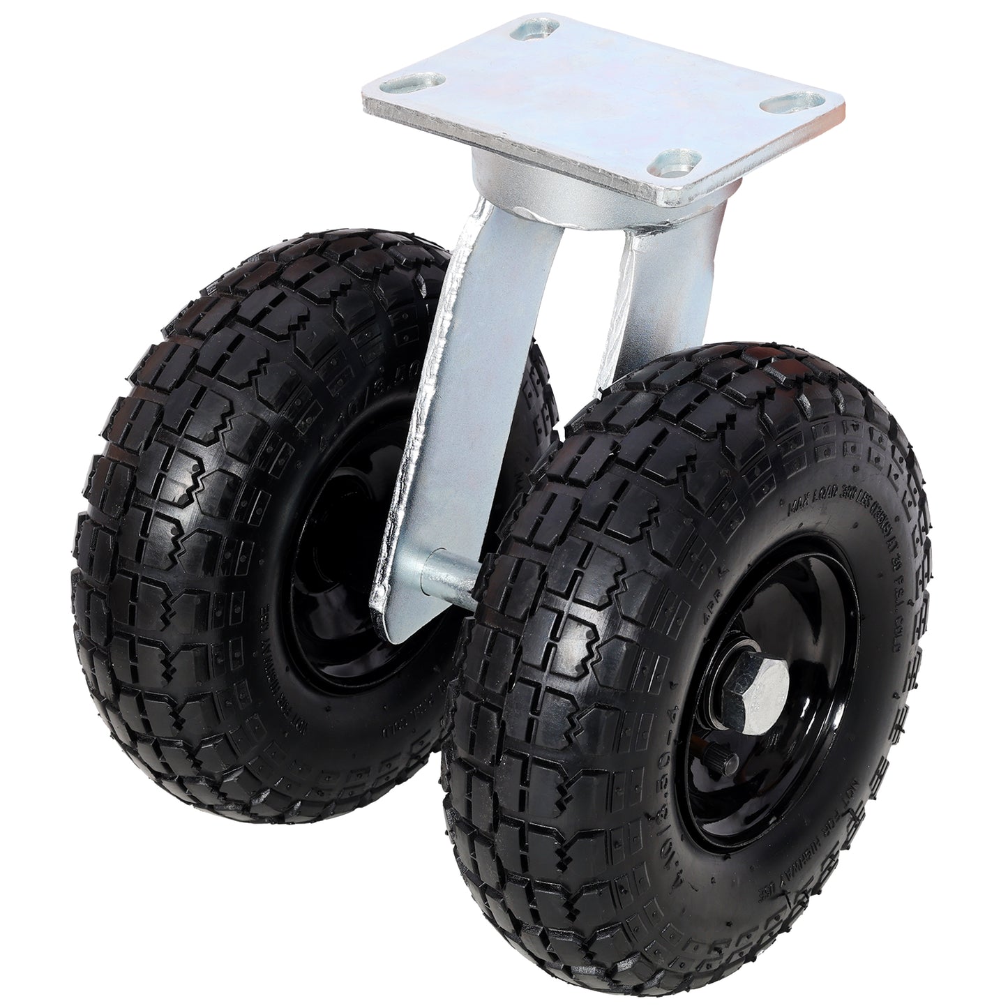 Side view of 10 inch dual wheel caster with pneumatic tires