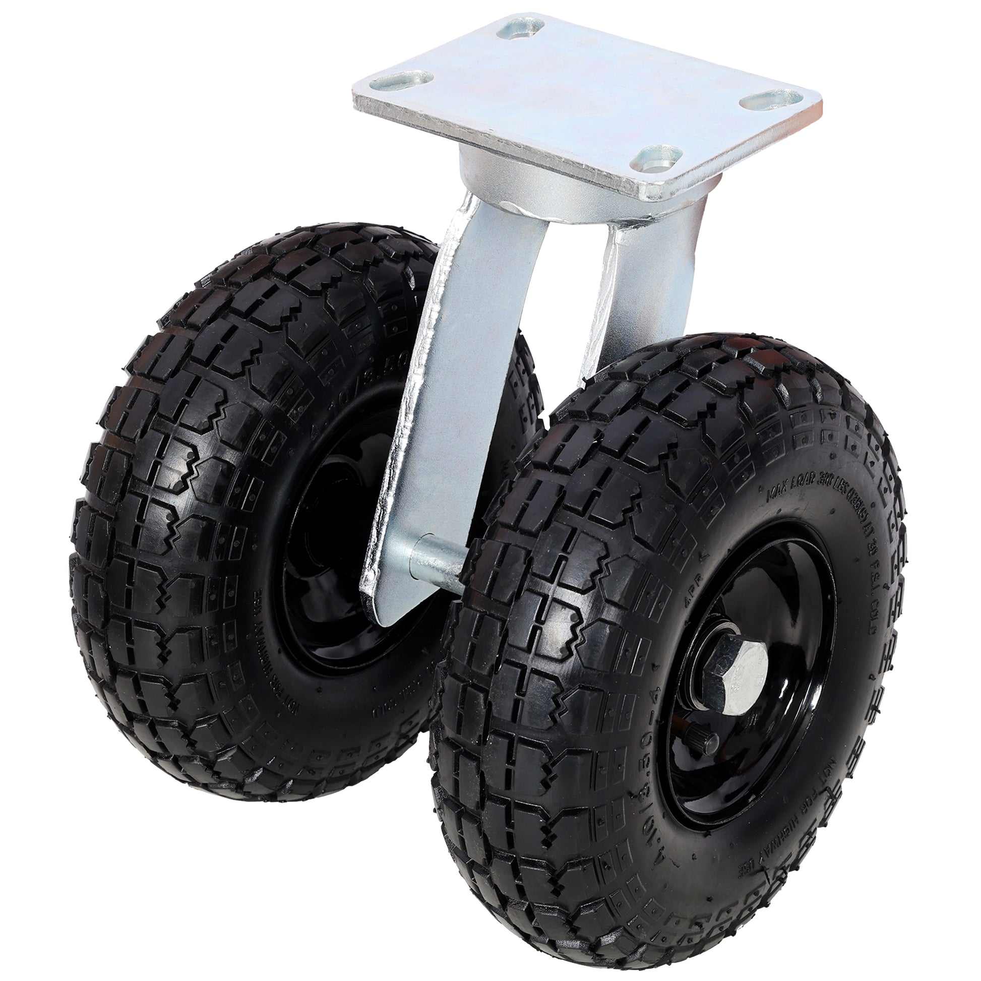 Side view of 10 inch dual wheel caster with pneumatic tires