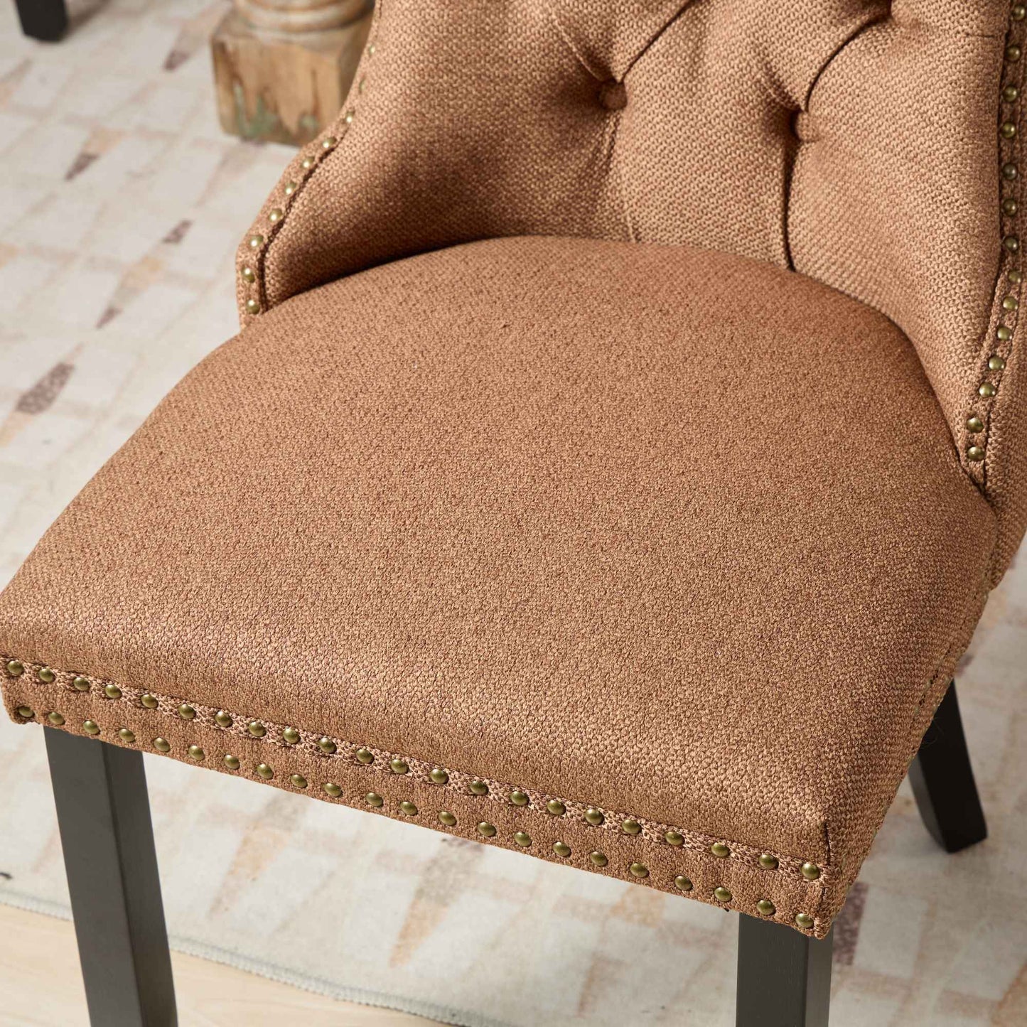 Nikki Collection Modern, High-end Tufted Solid Wood Contemporary Flax Upholstered Linen Dining Chair with Wood Legs Nailhead Trim 2-Pcs Set,Coffee color, SW6801CF image 12