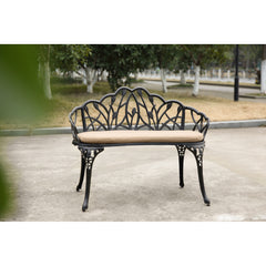 Tulip Patio Garden Bench Metal Park Bench Cast Aluminum Outdoor Furniture with Floral Rose for Patio,Park,Lawn,YardBlack withe cushion